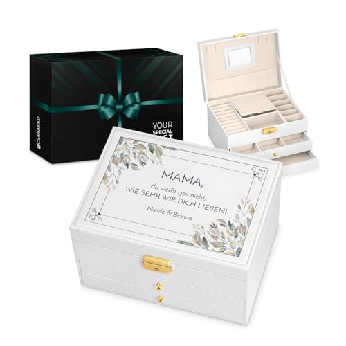 Maverton Schmuckkästchen mit Aufdruck - abschließbare Schmuck Aufbewahrungsbox mit Spiegel & 2 Schubladen - funktionale 3-stöckige Schmuckschatulle für Frauen zum Geburtstag - Weiß - Blättermotiv Maverton Schmuckkästchen mit Aufdruck - abschließbare Schmuck Aufbewahrungsbox mit Spiegel & 2 Schubladen - funktionale 3-stöckige Schmuckschatulle für Frauen zum Geburtstag - Weiß - Blättermotiv von Maverton
