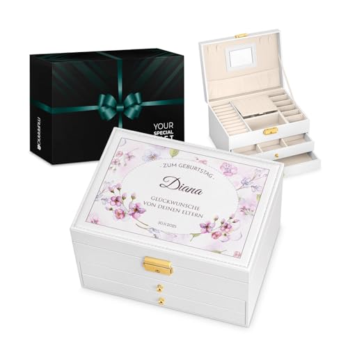 Maverton Schmuckkästchen mit Aufdruck - abschließbare Schmuck Aufbewahrungsbox mit Spiegel & 2 Schubladen - funktionale 3-stöckige Schmuckschatulle für Frauen zum Geburtstag - Weiß - Blumenmotiv von Maverton