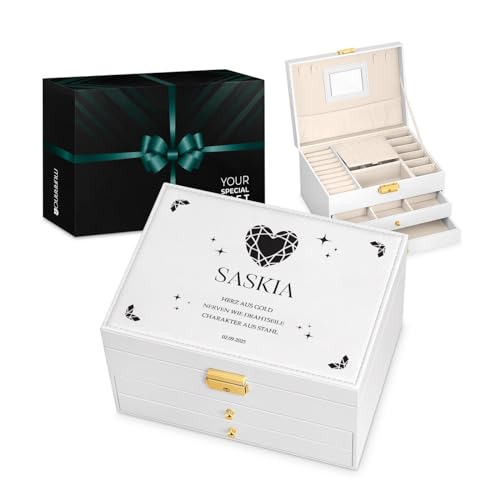 Maverton Schmuckkästchen mit Aufdruck - abschließbare Schmuck Aufbewahrungsbox mit Spiegel & 2 Schubladen - funktionale 3-stöckige Schmuckschatulle für Frauen zum Geburtstag - Weiß - Herz-Diamant Maverton Schmuckkästchen mit Aufdruck - abschließbare Schmuck Aufbewahrungsbox mit Spiegel & 2 Schubladen - funktionale 3-stöckige Schmuckschatulle für Frauen zum Geburtstag - Weiß - Herz-Diamant von Maverton