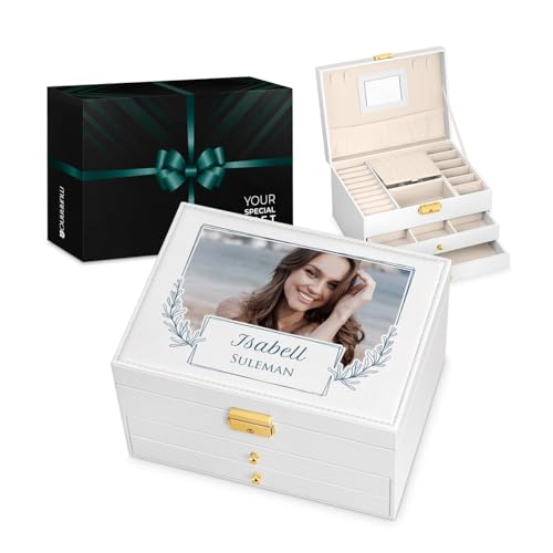 Maverton Schmuckkästchen mit Aufdruck - abschließbare Schmuck Aufbewahrungsbox mit Spiegel & 2 Schubladen - funktionale 3-stöckige Schmuckschatulle für Frauen zum Geburtstag - Weiß - Himmelblau von Maverton
