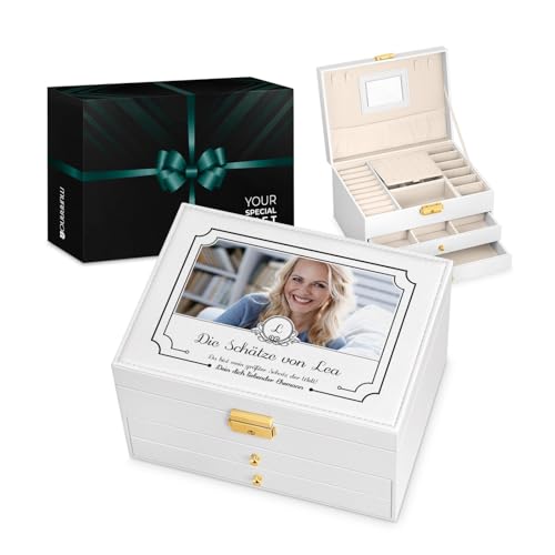 Maverton Schmuckkästchen mit Aufdruck - abschließbare Schmuck Aufbewahrungsbox mit Spiegel & 2 Schubladen - funktionale 3-stöckige Schmuckschatulle für Frauen zum Geburtstag - Weiß - Schätze Maverton Schmuckkästchen mit Aufdruck - abschließbare Schmuck Aufbewahrungsbox mit Spiegel & 2 Schubladen - funktionale 3-stöckige Schmuckschatulle für Frauen zum Geburtstag - Weiß - Schätze von Maverton