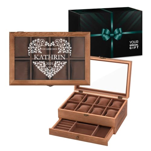 Maverton Uhrenbox mit Gravur - braune Uhren Aufbewahrungsbox für 8 Uhren mit Glasdeckel und Schublade für Schmuck - funktionale Schmuckschatulle für Frauen und Paar - 30x20x12,5cm - Herz von Maverton