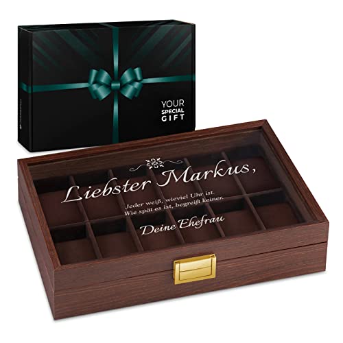 Maverton Uhrenbox mit Gravur für 12 Uhren - Uhrenkasten aus Holz - 31x21x7,5cm - Magnetverschluss - für Herren - zum Geburtstag - zu Weihnachten - Farbe: Weinrot - Zitat von Maverton