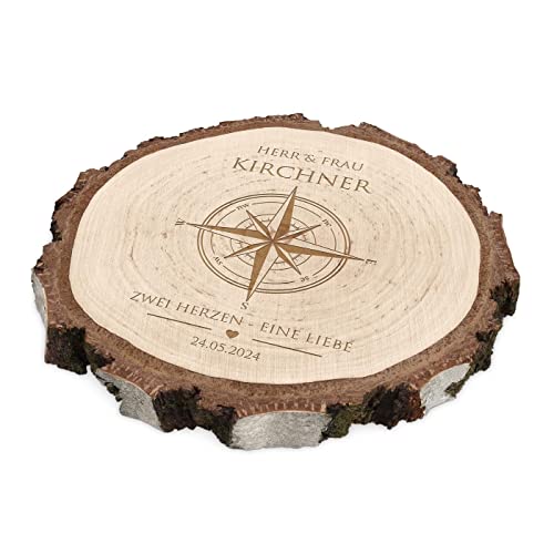Maverton runde Holzscheibe mit Gravur - Untersetzer aus Birkenholz - Durchmesser: 16-22 cm - Dicke: 1,5-2,5 cm - Holzkreise personalisiert - Deko Baumscheibe für Paar - Windrose von Maverton