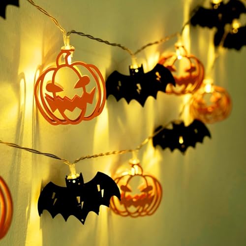 Mavouri Halloween Lichterkette Kürbis Fledermaus Deko, 1,5M 10 LED Halloween Kürbis Fledermaus Lichterkette Batteriebetrieben, Warmweiß Kürbisse Fledermaus Lichterketten Halloweens für Nachtdekoration von Mavouri