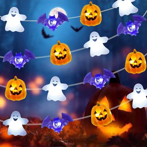Mavouri Halloween Lichterkette Set, 3M 30 LED Halloween Kürbis Fledermaus Geist Lichterkette Batteriebetrieben, Warmweiß Kürbis Fledermaus Geist Lichterketten für Halloweenparty, Horror Dekoration von Mavouri