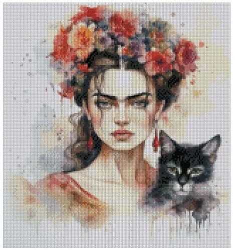 Max Stitch design Kreuzstich-Set, Motiv: Frida und Katze in Farbe, 14-fädig, 160 x 160 Stiche, 27 x 27 cm, Kreuzstich-Zählmuster-Set von max stitch design