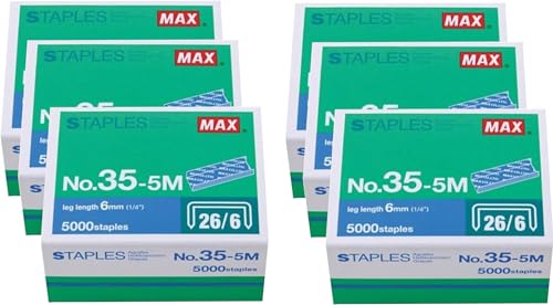 Max 35–5 m Standard Heftklammern für die USA. Bein Länge: 6 mm (1/10.2 cm). 1 BOX von 5000 Heftklammern. 100 Heftklammern/Stick, 0.6 cm Beinlänge, 1.3 cm Krone Breite 6 Pack (30000 Staples) von Max