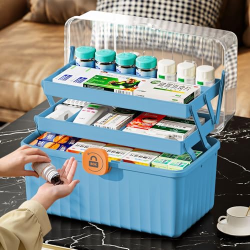 MaxEarn 3-Regal Medikamenten Aufbewahrung Groß, Hausapotheke Box Medizinbox, Medikamenten Organizer Box, Erste-Hilfe-Box, Medizinkoffer, Sortierbox füR Haarschmuck und Kosmetik (Blau) von MaxEarn