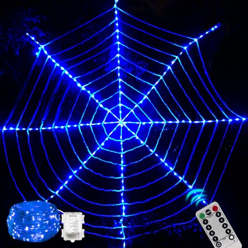 Maxee 114 LED Halloween Spinnennetz Lichter Deko, 3,6 m Riesige Runde Netzlicht Lichterkette mit Fernbedienung (8 Modi & Timer), Lichternetz Dekoration für Fenster Garten Drinnen Außen - Blau von Maxee