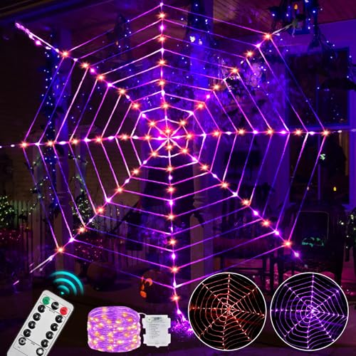 Maxee 184 LED Halloween Spinnennetz Lichter Deko, 3,6 m Riesige Runde Netzlicht Lichterkette mit Fernbedienung (8 Modi & Timer), Lichternetz Dekoration für Fenster Garten Drinnen Außen (Lila+Orange) von Maxee