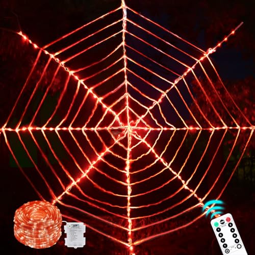Maxee 184 LED Halloween Spinnennetz Lichter Deko, 3,6 m Riesige Runde Netzlicht Lichterkette mit Fernbedienung (8 Modi & Timer), Lichternetz Dekoration für Fenster Garten Drinnen Außen - Rot von Maxee