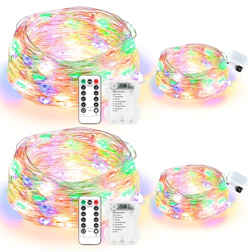 Maxee 2 Stück 20M + 2 Stück 3M LED Lichterkette Batterie, 8 Modi Fernbedienung mit Timer Lichterkette, IP65 Wasserdichte, Außen Lichterkette Draht für Weihnachten Innen Aussen Deko, Farbig von Maxee