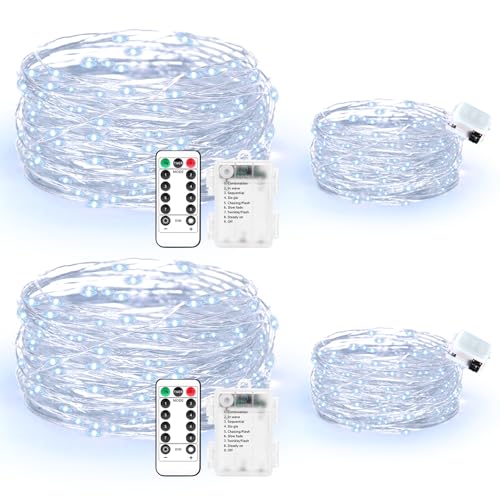 Maxee 2 Stück 20M + 2 Stück 3M LED Lichterkette Batterie, 8 Modi Fernbedienung, Timer Lichterkette, IP65 Wasserdichte, Außen Lichterkette Draht für Weihnachten Innen Aussen Deko, Karme Farben von Maxee