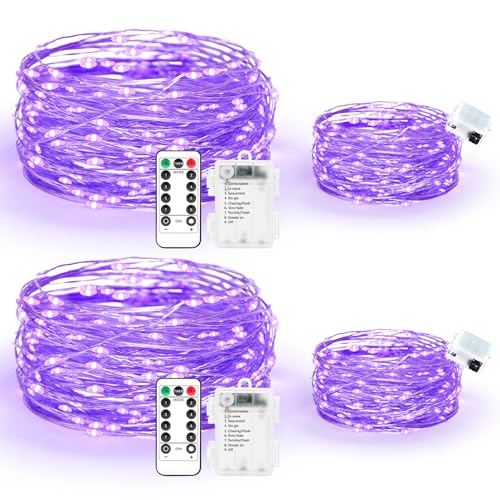 Maxee 2 Stück 20M + 2 Stück 3M LED Lichterkette Batterie, 8 Modi Fernbedienung mit Timer Lichterkette, IP65 Wasserdichte, Außen Lichterkette Draht für Weihnachten Innen Aussen Deko, Lila von Maxee