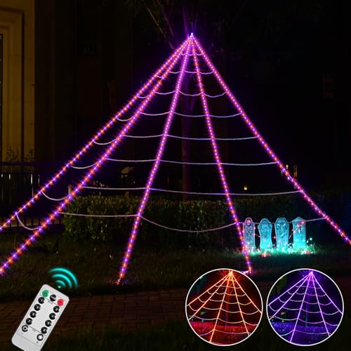 Maxee 390 LED Halloween Spinnennetz Lichter Deko, 5m Riesen Lichternetz mit 26m Lichterkette & Fernbedienung (8 Lichtmodi &Timer), Netz Lichter Dekoration für Garten Innen Außen (Lila + Orange) von Maxee