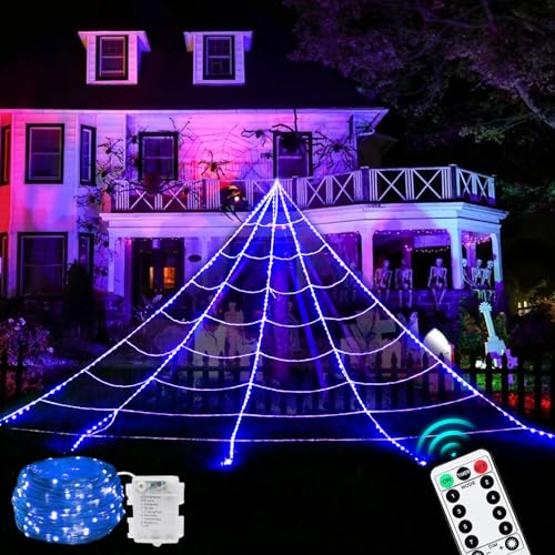 Maxee 390 LED Halloween Spinnennetz Lichter Deko, 5m Riesen Lichternetz mit 26m Lichterkette & Fernbedienung (8 Lichtmodi &Timer), Netz Lichter Dekoration für Garten Innen Außen - Blau von Maxee