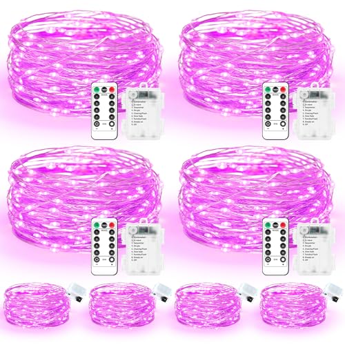 Maxee 4 Stück 20M + 4 Stück 3M LED Lichterkette Batterie, 8 Modi Fernbedienung, Timer Lichterkette, IP65 Wasserdichte, Außen Lichterkette Draht für Weihnachten Innen Aussen Deko, Rosa von Maxee