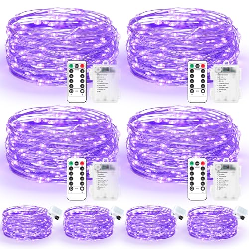 Maxee 4 Stück 20M + 4 Stück 3M LED Lichterkette Batterie, 8 Modi Fernbedienung mit Timer Lichterkette, IP65 Wasserdichte, Außen Lichterkette Draht für Weihnachten Innen Aussen Deko, Lila von Maxee