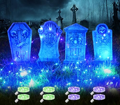 Maxee 4 Stück Halloween Glühendes Grabsteine Deko mit 8 Stück 3 Meter Lichterkette, Wasserdichtes Grabstein Schilde, Dekoration Set für Rasenhof Hinterhof Haunted Friedhof Zombie Party-Grün Violett Maxee 4 Stück Halloween Glühendes Grabsteine Deko mit 8 Stück 3 Meter Lichterkette, Wasserdichtes Grabstein Schilde, Dekoration Set für Rasenhof Hinterhof Haunted Friedhof Zombie Party-Grün Violett von Maxee