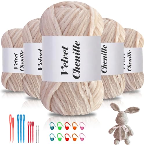 Maxee 500g(5×100g) Samtig Babywolle, Samt Chenille Garn mit Häkelwerkzeuge, Kuschelweich Velvet Chenillegarn Flauschige, Weich Plüschwolle Häkelgarn Wolle zum Stricken & Häkeln-Beige Kamel von Maxee