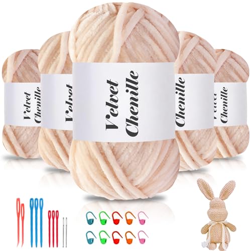 Maxee 500g(5×100g) Samtig Babywolle, Samt Chenille Garn mit Häkelwerkzeuge, Kuschelweich Velvet Chenillegarn Flauschige, Weich Plüschwolle Häkelgarn Wolle zum Stricken & Häkeln von Maxee