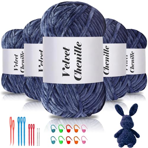 Maxee 500g(5×100g) Samtig Babywolle, Samt Chenille Garn mit Häkelwerkzeuge, Kuschelweich Velvet Chenillegarn Flauschige, Weich Plüschwolle Häkelgarn Wolle zum Stricken & Häkeln von Maxee