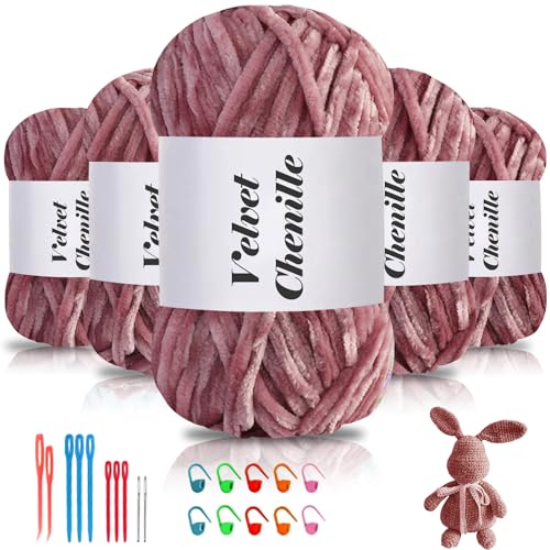 Maxee 500g(5×100g) Samtig Babywolle, Samt Chenille Garn mit Häkelwerkzeuge, Kuschelweich Velvet Chenillegarn Flauschige, Weich Plüschwolle Häkelgarn Wolle zum Stricken & Häkeln von Maxee