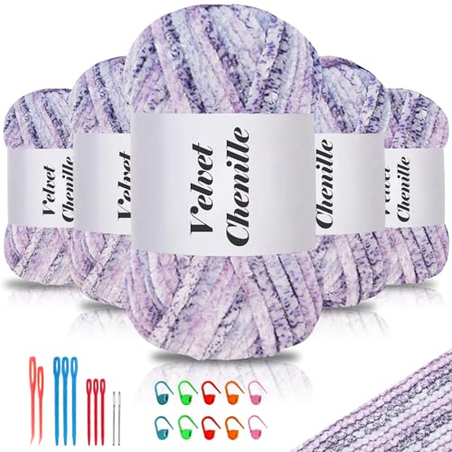 Maxee 500g(5×100g) Samtig Babywolle, Samt Chenille Garn mit Häkelwerkzeuge, Kuschelweich Velvet Chenillegarn Flauschige, Weich Plüschwolle Häkelgarn Wolle zum Stricken & Häkeln von Maxee