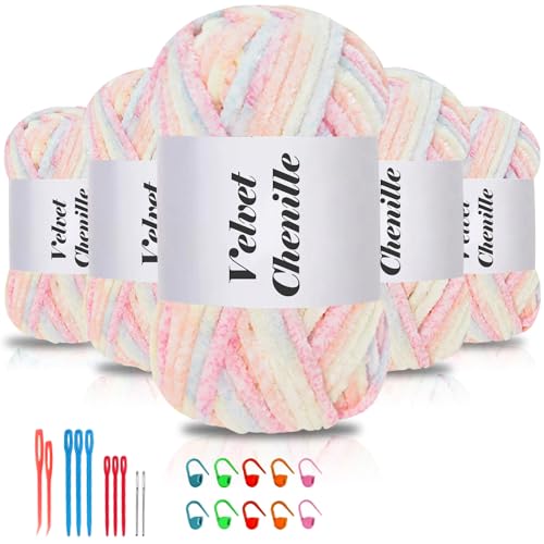 Maxee 500g(5×100g) Samtig Babywolle, Samt Chenille Garn mit Häkelwerkzeuge, Kuschelweich Velvet Chenillegarn Flauschige, Weich Plüschwolle Häkelgarn Wolle zum Stricken & Häkeln von Maxee
