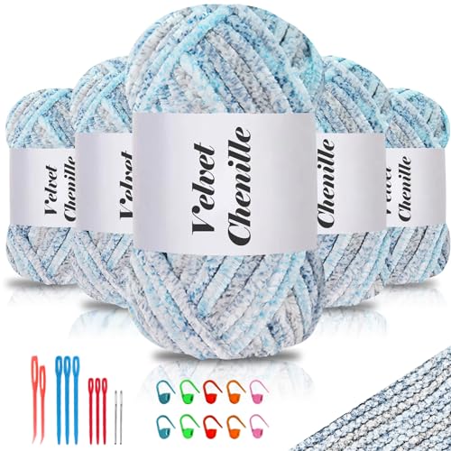Maxee 500g(5×100g) Samtig Babywolle, Samt Chenille Garn mit Häkelwerkzeuge, Kuschelweich Velvet Chenillegarn Flauschige, Weich Plüschwolle Häkelgarn Wolle zum Stricken & Häkeln-Farbverlauf 106 von Maxee