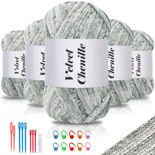 Maxee 500g(5×100g) Samtig Babywolle, Samt Chenille Garn mit Häkelwerkzeuge, Kuschelweich Velvet Chenillegarn Flauschige, Weich Plüschwolle Häkelgarn Wolle zum Stricken & Häkeln von Maxee