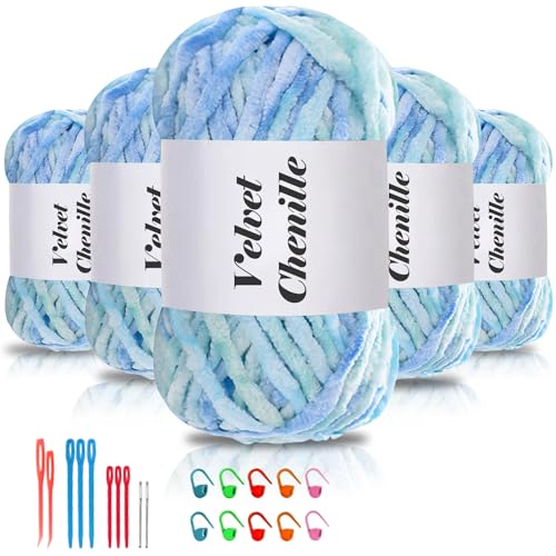 Maxee 500g(5×100g) Samtig Babywolle, Samt Chenille Garn mit Häkelwerkzeuge, Kuschelweich Velvet Chenillegarn Flauschige, Weich Plüschwolle Häkelgarn Wolle zum Stricken & Häkeln-Farbverlauf 23 von Maxee