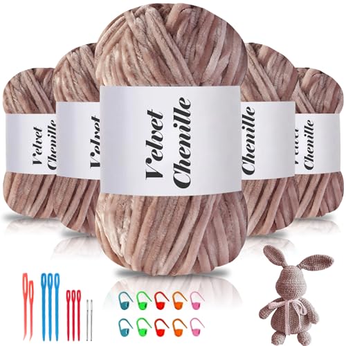 Maxee 500g(5×100g) Samtig Babywolle, Samt Chenille Garn mit Häkelwerkzeuge, Kuschelweich Velvet Chenillegarn Flauschige, Weich Plüschwolle Häkelgarn Wolle zum Stricken & Häkeln von Maxee