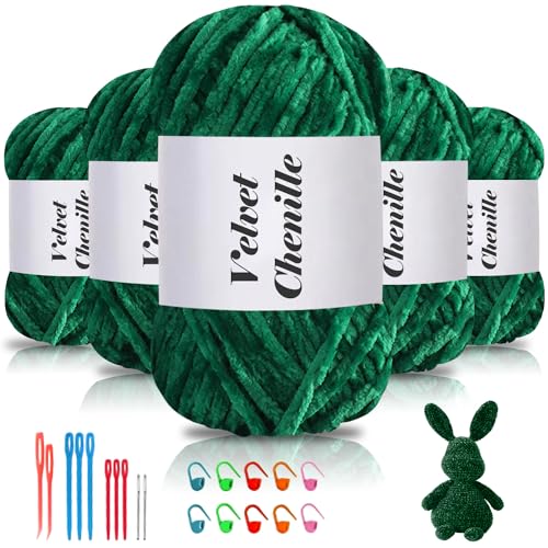Maxee 500g(5×100g) Samtig Babywolle, Samt Chenille Garn mit Häkelwerkzeuge, Kuschelweich Velvet Chenillegarn Flauschige, Weich Plüschwolle Häkelgarn Wolle zum Stricken & Häkeln von Maxee