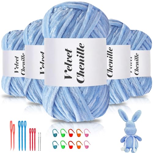 Maxee 500g(5×100g) Samtig Babywolle, Samt Chenille Garn mit Häkelwerkzeuge, Kuschelweich Velvet Chenillegarn Flauschige, Weich Plüschwolle Häkelgarn Wolle zum Stricken & Häkeln von Maxee