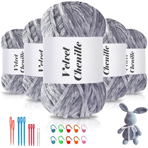 Maxee 500g(5×100g) Samtig Babywolle, Samt Chenille Garn mit Häkelwerkzeuge, Kuschelweich Velvet Chenillegarn Flauschige, Weich Plüschwolle Häkelgarn Wolle zum Stricken & Häkeln-Hellgrau von Maxee