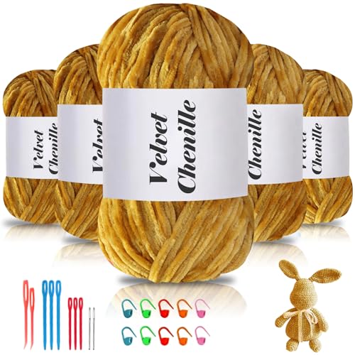 Maxee 500g(5×100g) Samtig Babywolle, Samt Chenille Garn mit Häkelwerkzeuge, Kuschelweich Velvet Chenillegarn Flauschige, Weich Plüschwolle Häkelgarn Wolle zum Stricken & Häkeln von Maxee