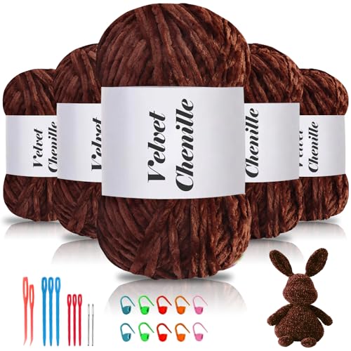 Maxee 500g(5×100g) Samtig Babywolle, Samt Chenille Garn mit Häkelwerkzeuge, Kuschelweich Velvet Chenillegarn Flauschige, Weich Plüschwolle Häkelgarn Wolle zum Stricken & Häkeln von Maxee