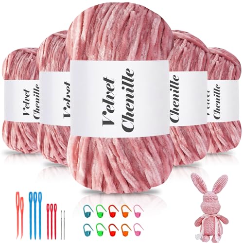 Maxee 500g(5×100g) Samtig Babywolle, Samt Chenille Garn mit Häkelwerkzeuge, Kuschelweich Velvet Chenillegarn Flauschige, Weich Plüschwolle Häkelgarn Wolle zum Stricken & Häkeln von Maxee
