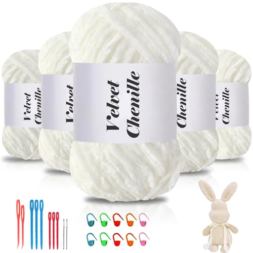 Maxee 500g(5×100g) Samtig Babywolle, Samt Chenille Garn mit Häkelwerkzeuge, Kuschelweich Velvet Chenillegarn Flauschige, Weich Plüschwolle Häkelgarn Wolle zum Stricken & Häkeln-Milchweiß von Maxee