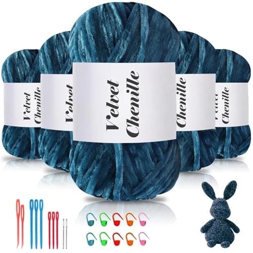 Maxee 500g(5×100g) Samtig Babywolle, Samt Chenille Garn mit Häkelwerkzeuge, Kuschelweich Velvet Chenillegarn Flauschige, Weich Plüschwolle Häkelgarn Wolle zum Stricken & Häkeln-Pfauenblau von Maxee