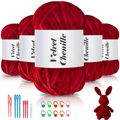 Maxee 500g(5×100g) Samtig Babywolle, Samt Chenille Garn mit Häkelwerkzeuge, Kuschelweich Velvet Chenillegarn Flauschige, Weich Plüschwolle Häkelgarn Wolle zum Stricken & Häkeln von Maxee