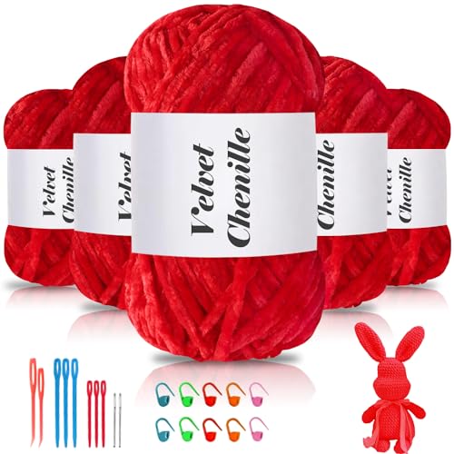 Maxee 500g(5×100g) Samtig Babywolle, Samt Chenille Garn mit Häkelwerkzeuge, Kuschelweich Velvet Chenillegarn Flauschige, Weich Plüschwolle Häkelgarn Wolle zum Stricken & Häkeln von Maxee