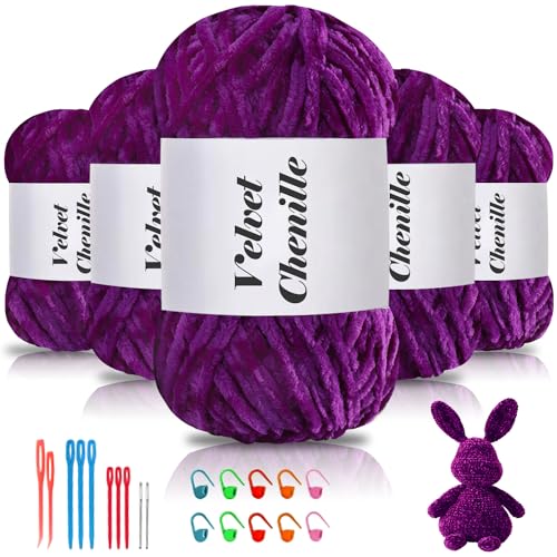 Maxee 500g(5×100g) Samtig Babywolle, Samt Chenille Garn mit Häkelwerkzeuge, Kuschelweich Velvet Chenillegarn Flauschige, Weich Plüschwolle Häkelgarn Wolle zum Stricken & Häkeln von Maxee