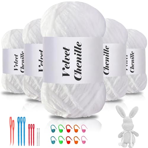 Maxee 500g(5×100g) Samtig Babywolle, Samt Chenille Garn mit Häkelwerkzeuge, Kuschelweich Velvet Chenillegarn Flauschige, Weich Plüschwolle Häkelgarn Wolle zum Stricken & Häkeln von Maxee