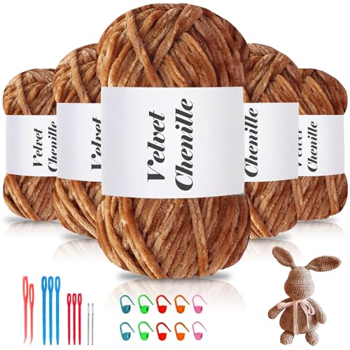 Maxee 500g(5×100g) Samtig Babywolle, Samt Chenille Garn mit Häkelwerkzeuge, Kuschelweich Velvet Chenillegarn Flauschige, Weich Plüschwolle Häkelgarn Wolle zum Stricken & Häkeln von Maxee