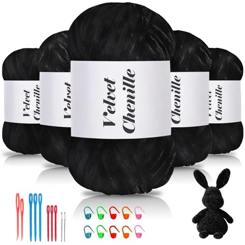 Maxee 500g(5×100g) Samtig Babywolle, Samt Chenille Garn mit Häkelwerkzeuge, Kuschelweich Velvet Chenillegarn Flauschige, Weich Plüschwolle Häkelgarn Wolle zum Stricken & Häkeln von Maxee