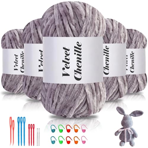 Maxee 500g(5×100g) Samtig Babywolle, Samt Chenille Garn mit Häkelwerkzeuge, Kuschelweich Velvet Chenillegarn Flauschige, Weich Plüschwolle Häkelgarn Wolle zum Stricken & Häkeln von Maxee