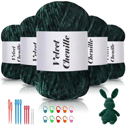 Maxee 500g(5×100g) Samtig Babywolle, Samt Chenille Garn mit Häkelwerkzeuge, Kuschelweich Velvet Chenillegarn Flauschige, Weich Plüschwolle Häkelgarn Wolle zum Stricken & Häkeln-Dunkel grün von Maxee
